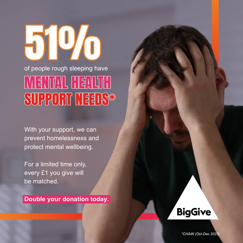 51% of people rough sleeping have mental health support needs. With your help, we can prevent homelessness and protect mental wellbeing. For a limited time only, every £1 you give will be matched. Double your donation today.