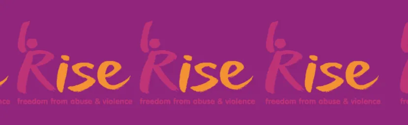 Purple banner with repeated “Rise” logo in pink and orange, each with the tagline “freedom from abuse & violence” beneath, repeated across the width.