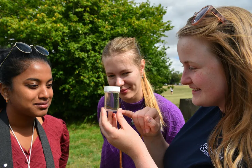 Two young people with a tutor looking at a sampling pot containing an insect