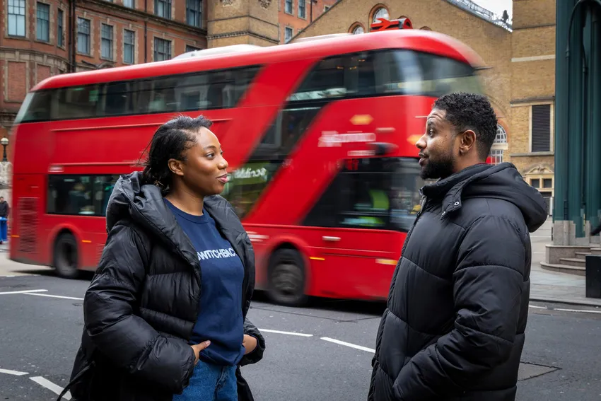 A Switchback Mentor having a conversation with a Switchback Trainee on the streets of London