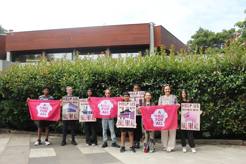 Acland Burghley staff and students in front of the Hall for All