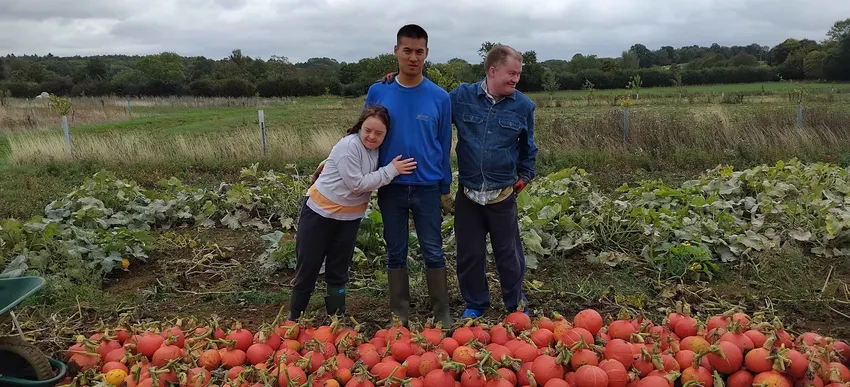 three friends smiling and standing behind a pile of freshly harvested bright orange pumpkins