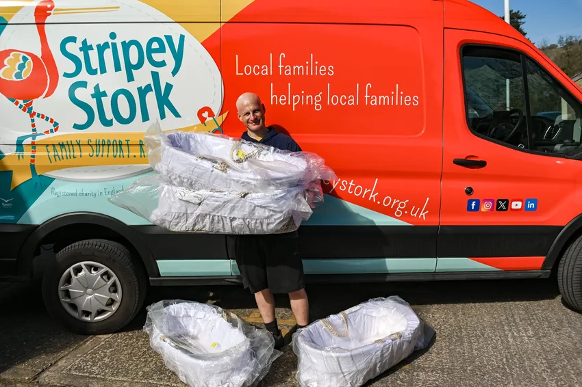 Stripey Stork van delivering Moses baskets