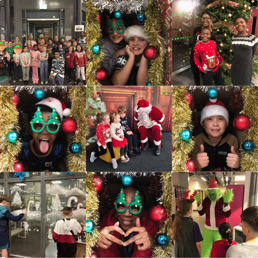 A collage of nine festive photos taken at The Way during a Christmas celebration. Groups of children and young people wear Christmas jumpers and gather near an entrance and decorated spaces.