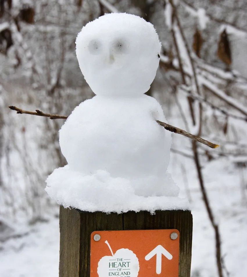 A little snowman with twig arms on top of a waymarker post on a footpath through the Forest