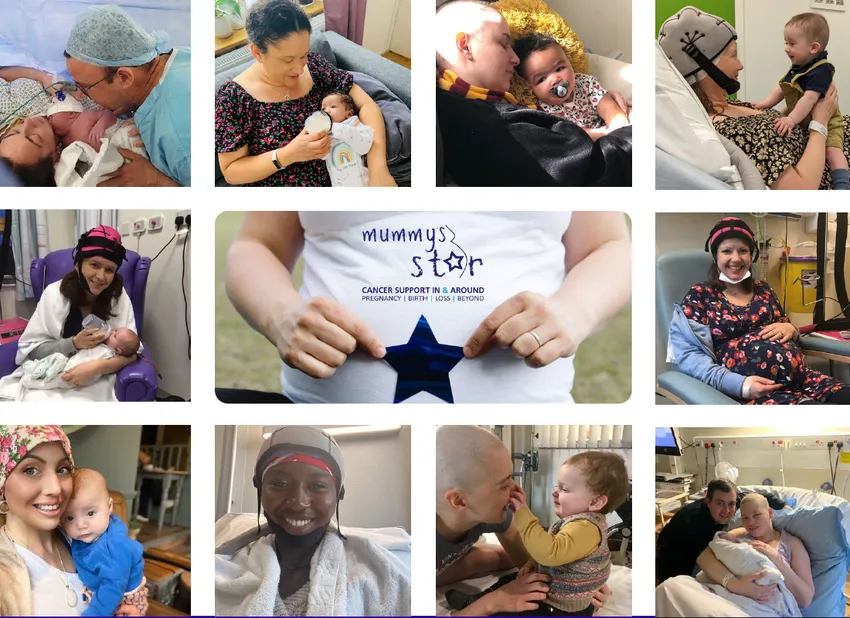 A collage of images showing lots of mums with cancer and their babies. They are of varying ages, races and in different situations, including hospital and home.