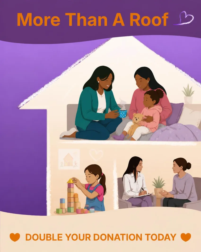 Image of a house with women, refuge support officers and children. Text says More Than A Roof and Double Your Donation.
