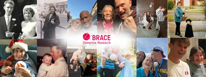 A collage of photos of individuals and families - all BRACE supporters - affected by dementia, smiling together during happy memories