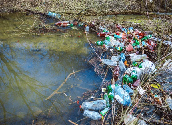 A tide of plastic bottles blocking a river