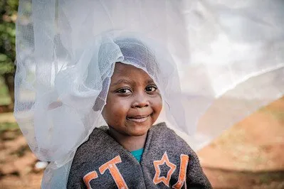 Two-year-old Elizabeth is at her home in Mpika, Northern Zambia pictured in an Amref provided mosquito net.
