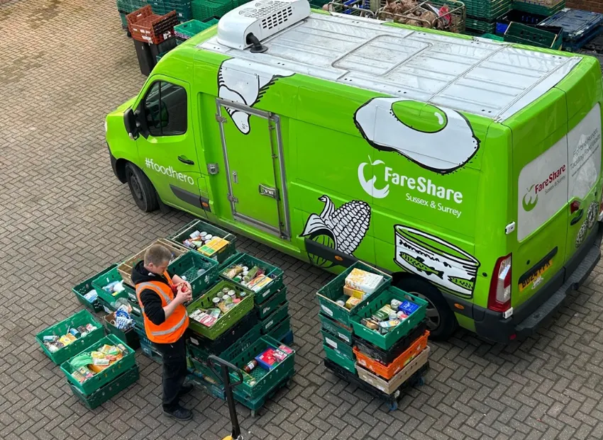Crates of surplus food in front of FareShare Sussex & Surrey van