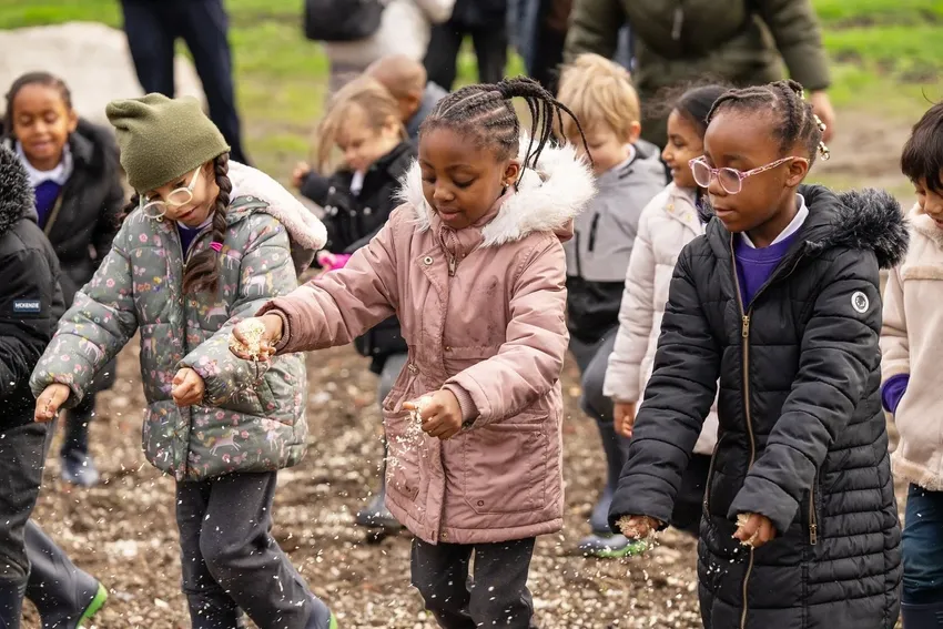 sewing seeds with school children in Hackney