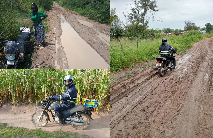 Poor roads linking many of the rural villages and Lead CPF for Mijale wearing his waterproofs in rainy season