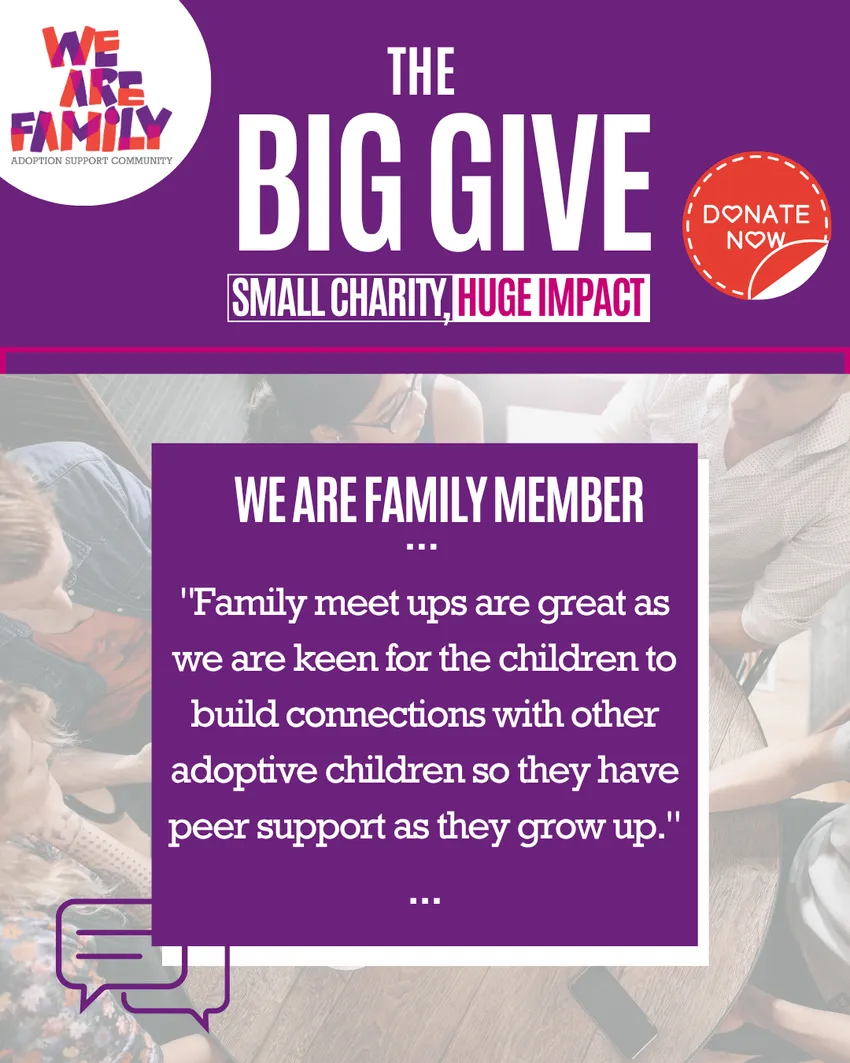 We Are Family Big Give campaign graphic featuring a member testimonial about family meet-ups. The quote explains that children build friendships with other adopted children, giving them peer support as they grow up.