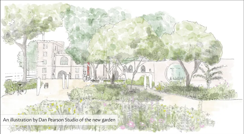 Illustration of the new garden with the Garden Museum and Lambeth Palace in the background, by Dan Pearson Studio