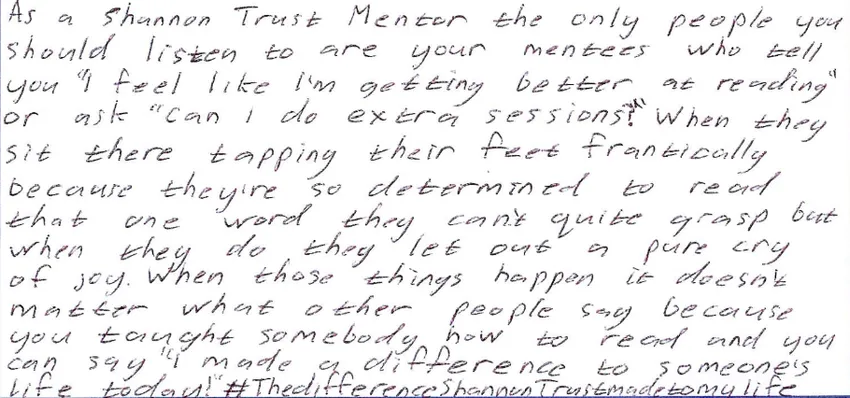 A handwritten letter from a Shannon Trust mentor