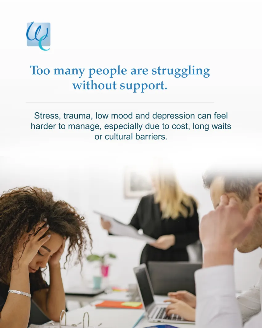 The image shows people in a support setting, with one person appearing distressed.