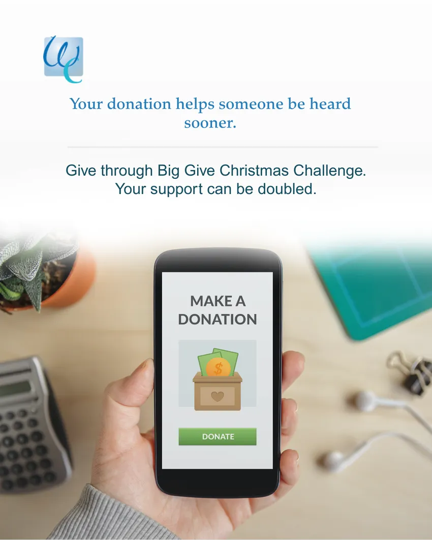 Image showing a donation screen on a phone with text encouraging donations through the Big Give Christmas Challenge.