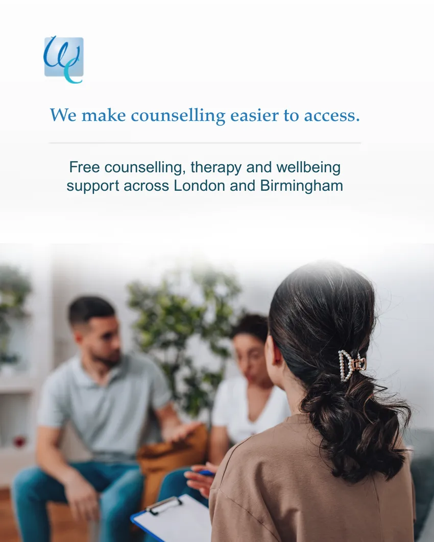 Image showing a counselling-style session with text about making counselling easier to access across London and Birmingham.