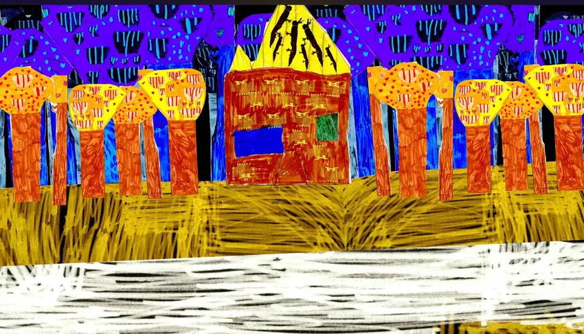 The brightly coloured Forest of Underwear from an animated film by children