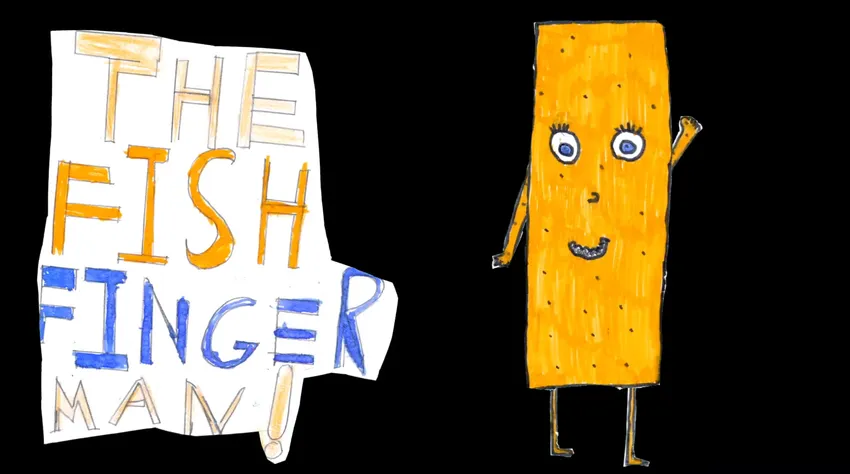 A child's drawing of an anthropomorphic Fish Finger Man from an animated film by young animators