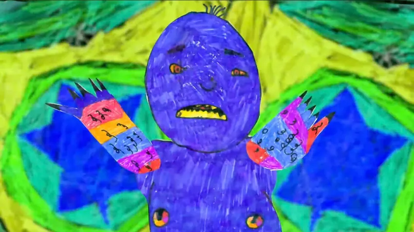 A blue and multicoloured monster in front of a colourful background from an animated film by children