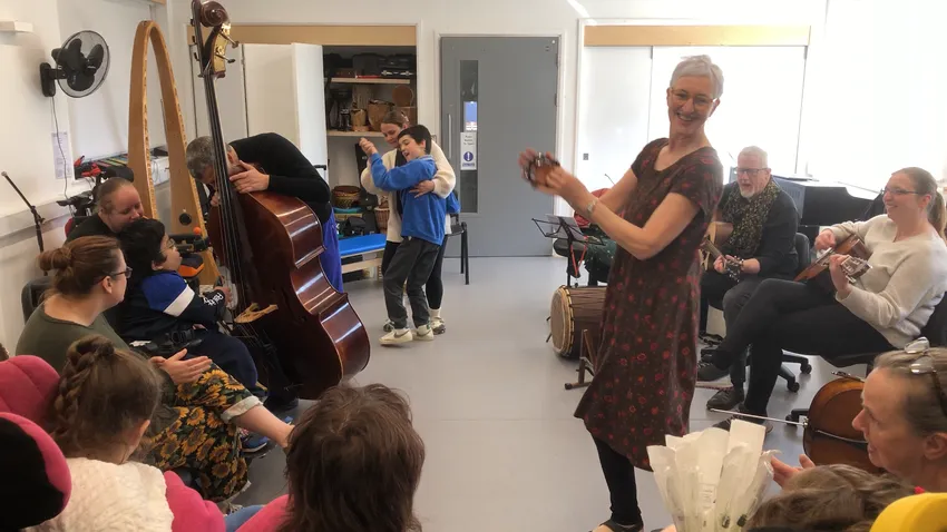 Ensemble Reza having fun making music with students at Chailey Heritage School