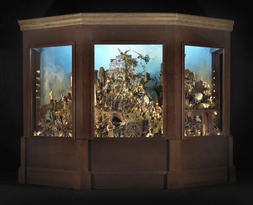 The vast nativity in its case: 15' wide and 11' tall with 400+ figures, taking weeks each year to unpack and display.