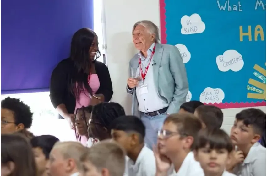 Sir Robin Saxby, founding CEO of ARM, and Ama Frimpong, IET Young Engineer of the Year, at Little Thurrock Primary School