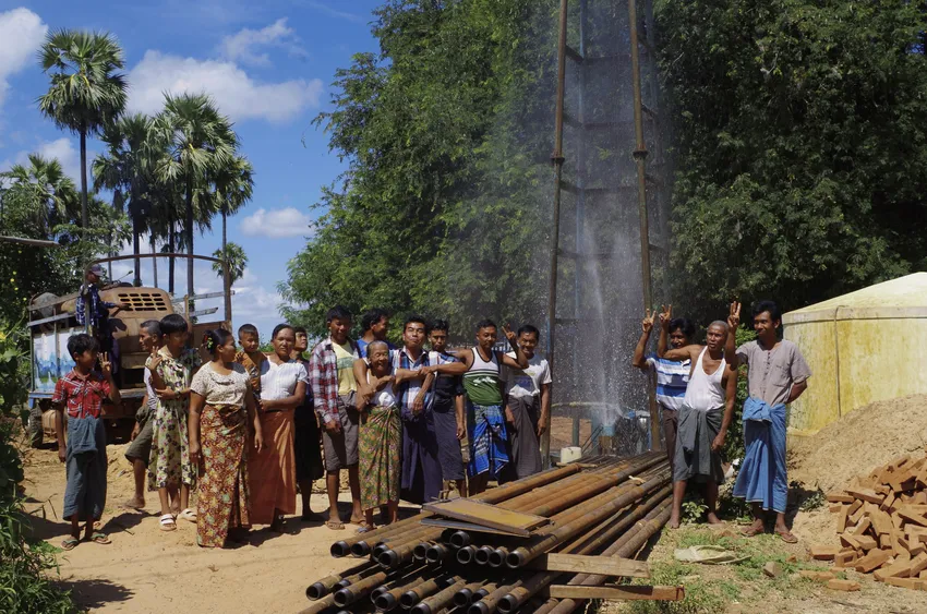 Celebrating a successful borehole in rural Myanmar.