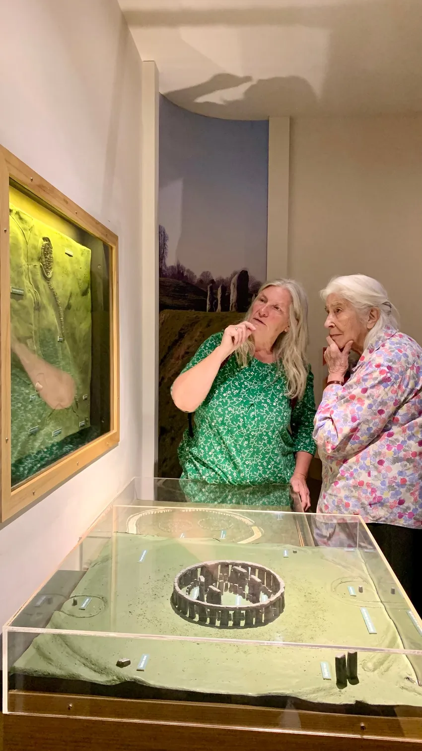 Two women looking at a topographic map of Avebury and Stonehenge in Wiltshire Museum's current galleries.